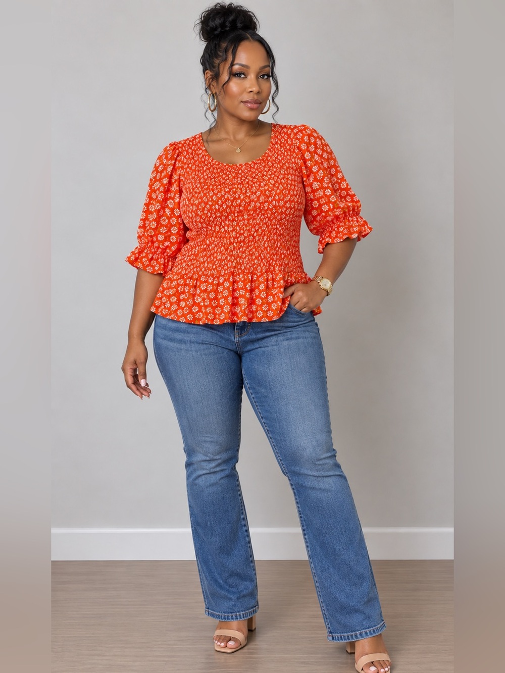 Orange Floral Smocked Peplum Blouse